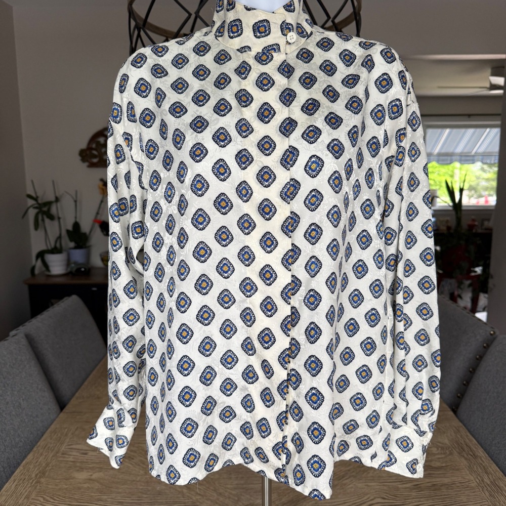 Christian Dior Vintage Geometric Medallion Jacquard Blouse Ivory Navy Yellow 4